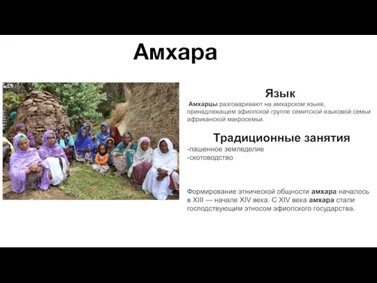 Амхара . Язык Амхарцы разговаривают на амхарском языке, принадлежащем эфиопской группе