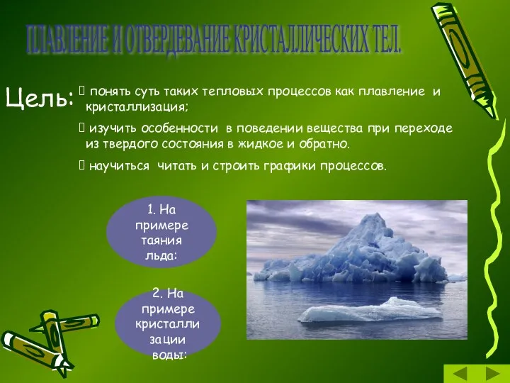 Цель: понять суть таких тепловых процессов как плавление и кристаллизация; изучить