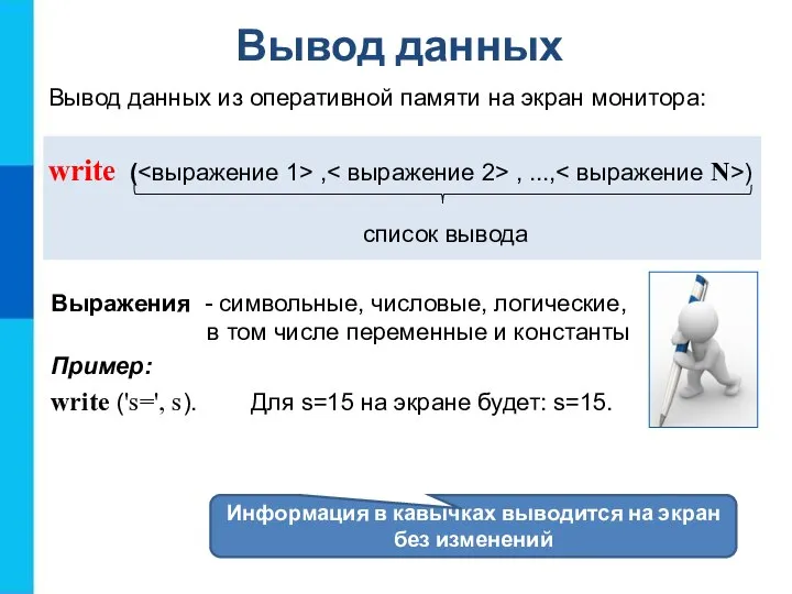 Вывод данных Вывод данных из оперативной памяти на экран монитора: write