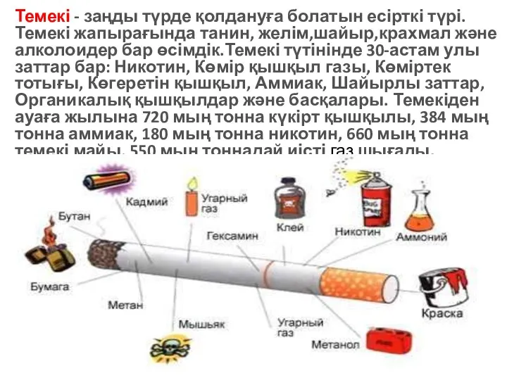 Темекі - заңды түрде қолдануға болатын есірткі түрі. Темекі жапырағында танин,