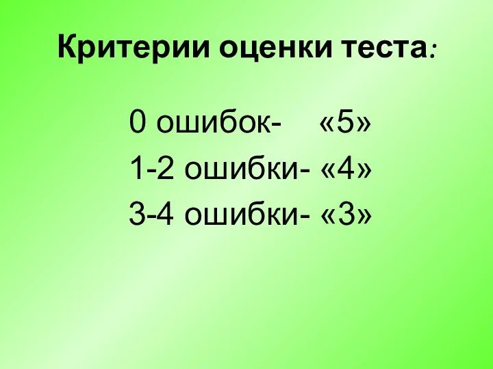 Критерии оценки теста: 0 ошибок- «5» 1-2 ошибки- «4» 3-4 ошибки- «3»