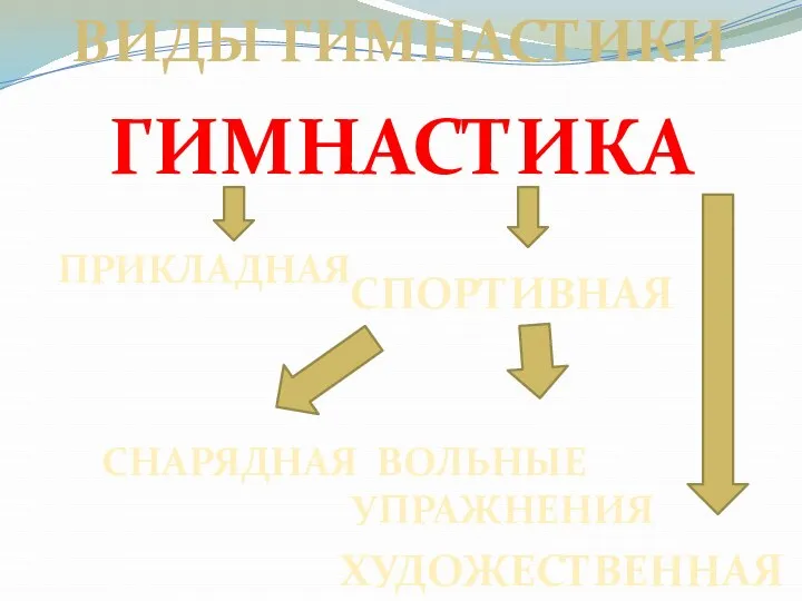 ВИДЫ ГИМНАСТИКИ ПРИКЛАДНАЯ СПОРТИВНАЯ ГИМНАСТИКА СНАРЯДНАЯ ВОЛЬНЫЕ УПРАЖНЕНИЯ ХУДОЖЕСТВЕННАЯ