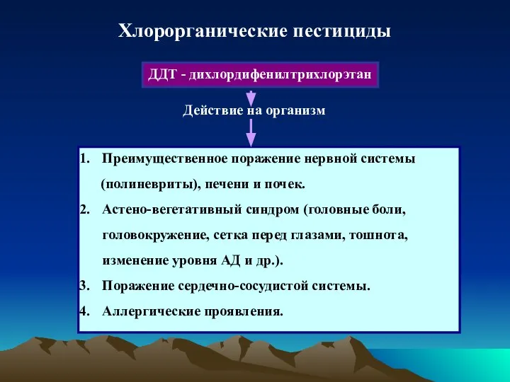 Хлорорганические пестициды ДДТ - дихлордифенилтрихлорэтан Действие на организм Преимущественное поражение нервной