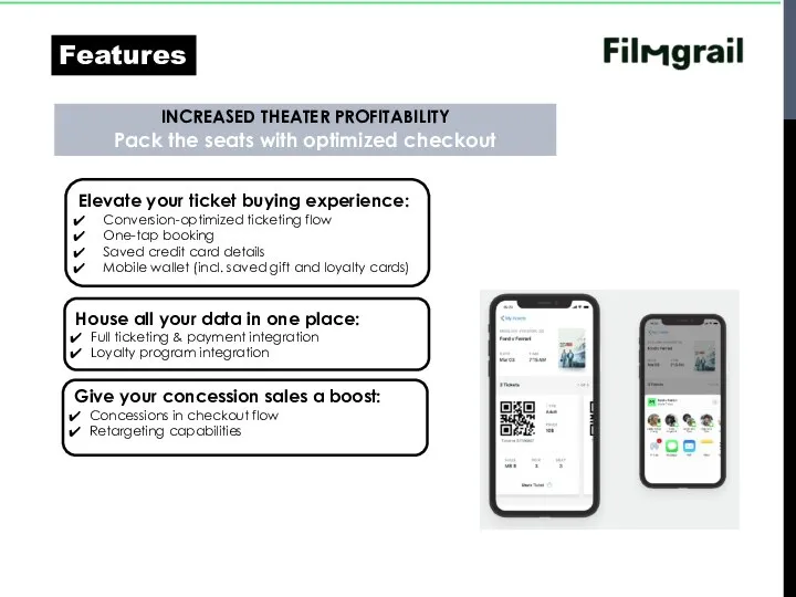 Features INCREASED THEATER PROFITABILITY Pack the seats with optimized checkout Elevate