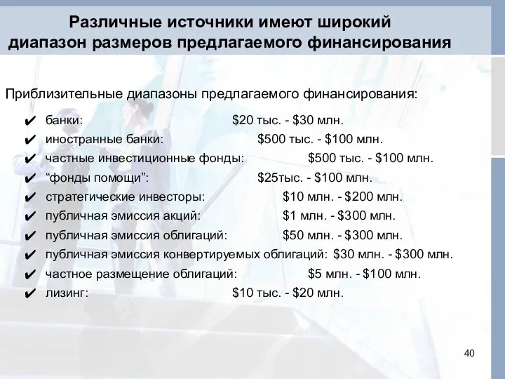 Приблизительные диапазоны предлагаемого финансирования: банки: $20 тыс. - $30 млн. иностранные