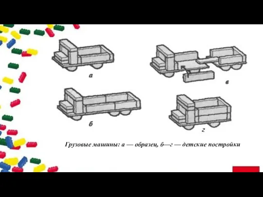 Грузовые машины: а — образец, б—г — детские постройки