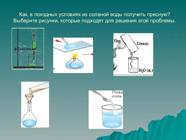 Как, в походных условиях из соленой воды получить пресную? Выберите рисунки,