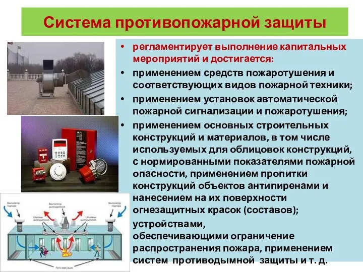 Система противопожарной защиты регламентирует выполнение капитальных мероприятий и достигается: применением средств