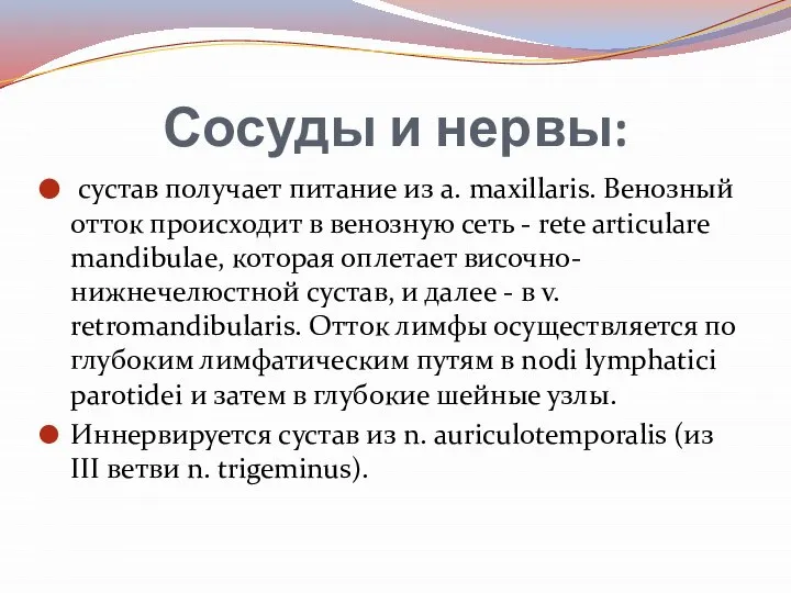 Сосуды и нервы: сустав получает питание из a. maxillaris. Венозный отток