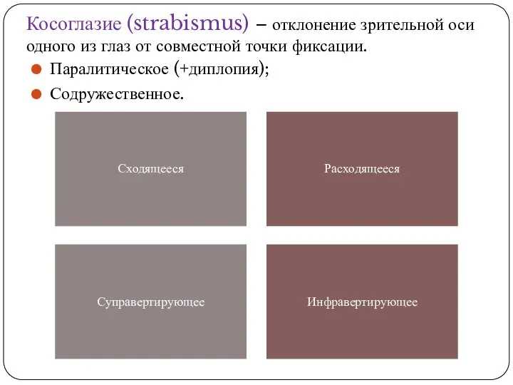 Паралитическое (+диплопия); Содружественное. Косоглазие (strabismus) – отклонение зрительной оси одного из