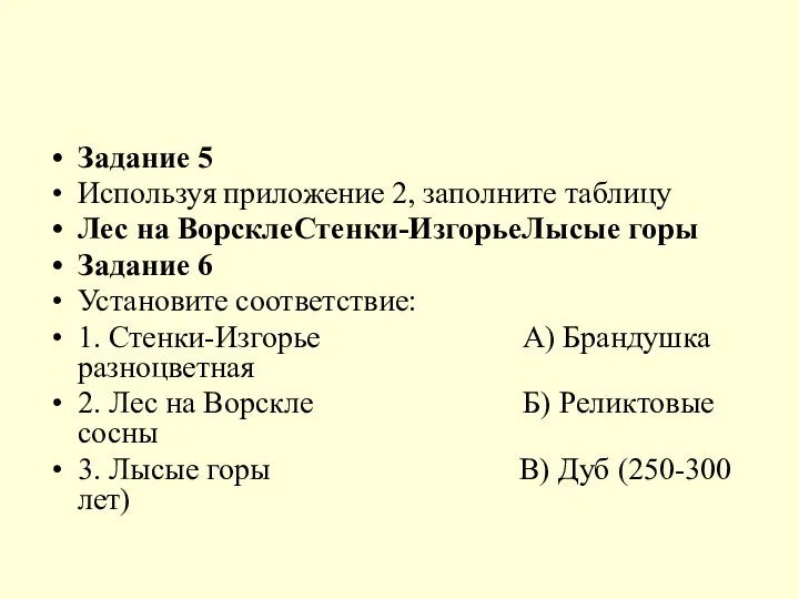 Задание 5 Используя приложение 2, заполните таблицу Лес на ВорсклеСтенки-ИзгорьеЛысые горы