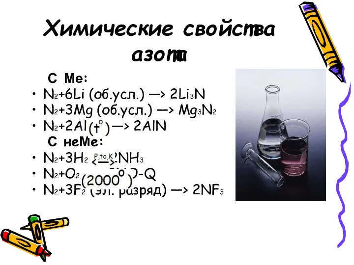 Химические свойства азота С Ме: N2+6Li (об.усл.) —> 2Li3N N2+3Mg (об.усл.)