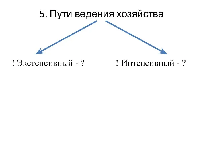 5. Пути ведения хозяйства ! Экстенсивный - ? ! Интенсивный - ?