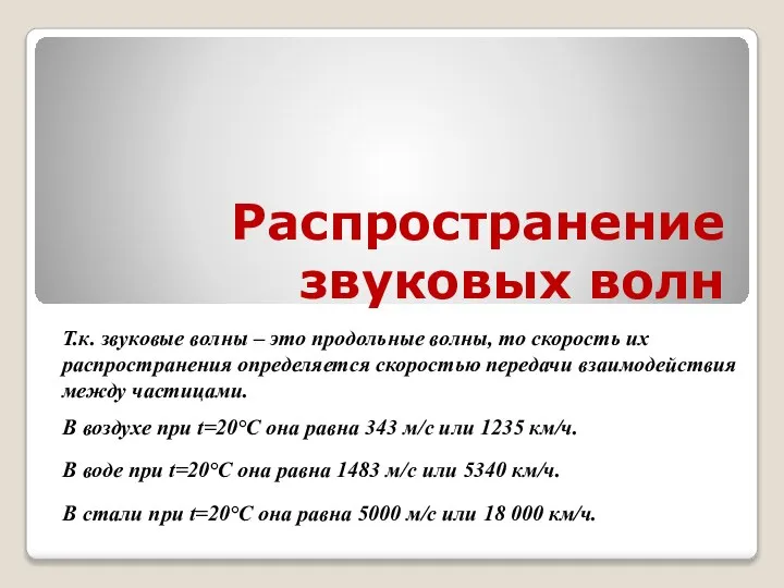 Распространение звуковых волн Т.к. звуковые волны – это продольные волны, то