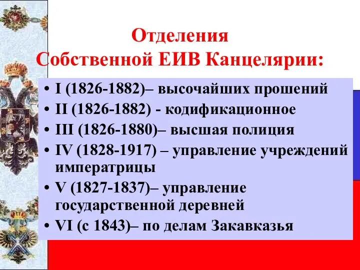 Отделения Собственной ЕИВ Канцелярии: I (1826-1882)– высочайших прошений II (1826-1882) -