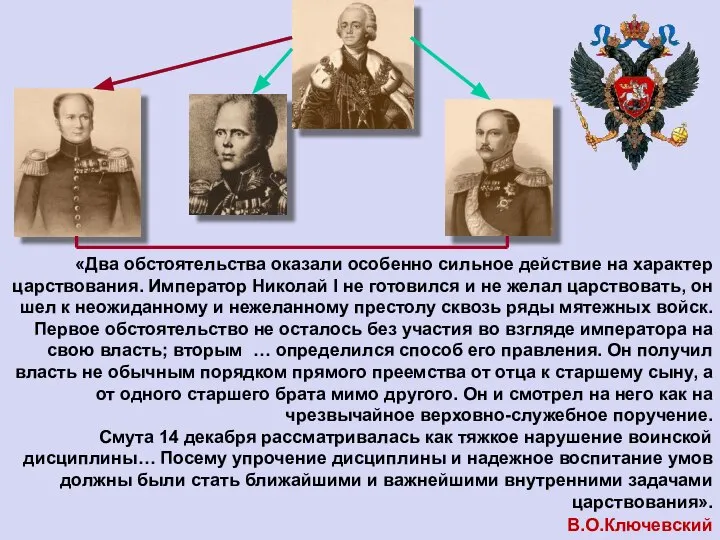 «Два обстоятельства оказали особенно сильное действие на характер царствования. Император Николай