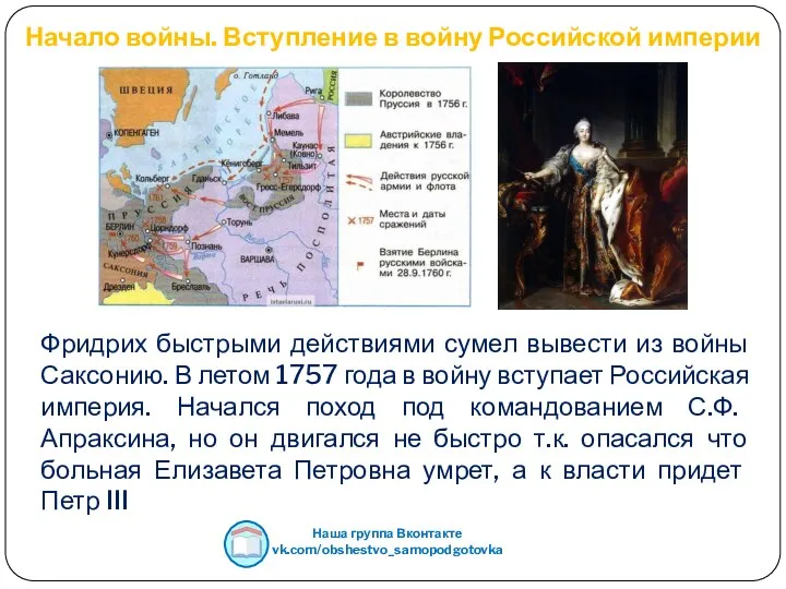 Начало войны. Вступление в войну Российской империи Фридрих быстрыми действиями сумел