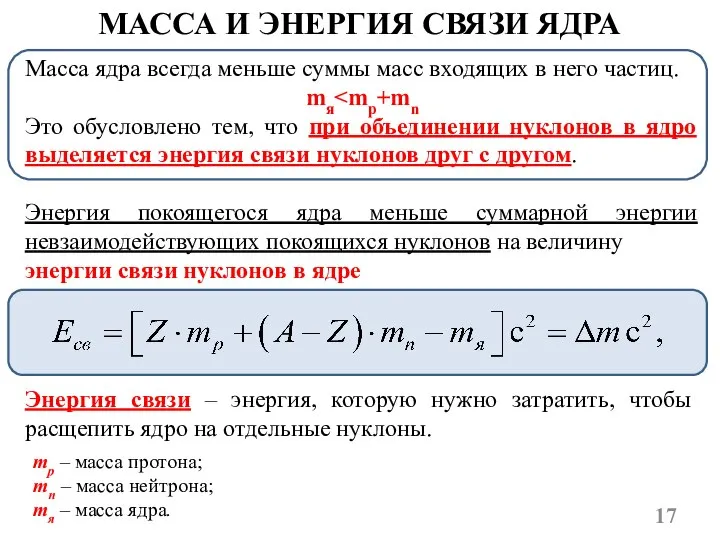 МАССА И ЭНЕРГИЯ СВЯЗИ ЯДРА mp – масса протона; mn –