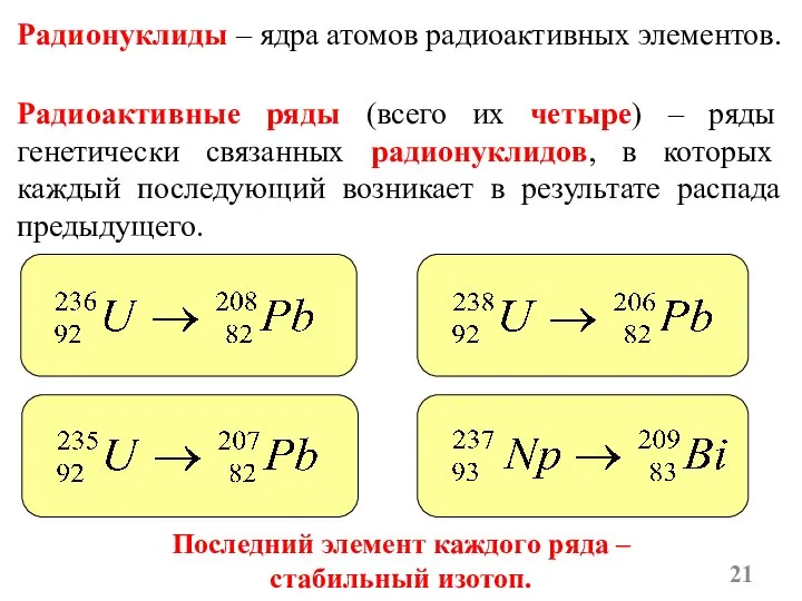 Радионуклиды – ядра атомов радиоактивных элементов. Радиоактивные ряды (всего их четыре)