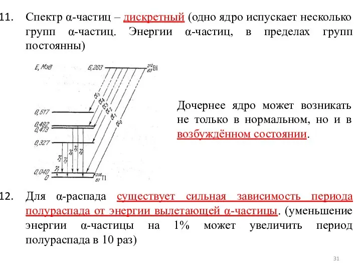 Спектр α-частиц – дискретный (одно ядро испускает несколько групп α-частиц. Энергии