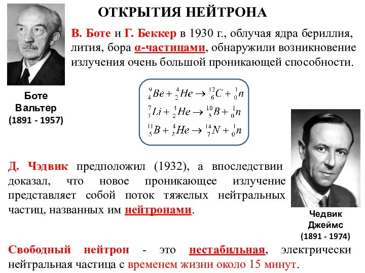 В. Боте и Г. Беккер в 1930 г., облучая ядра бериллия,