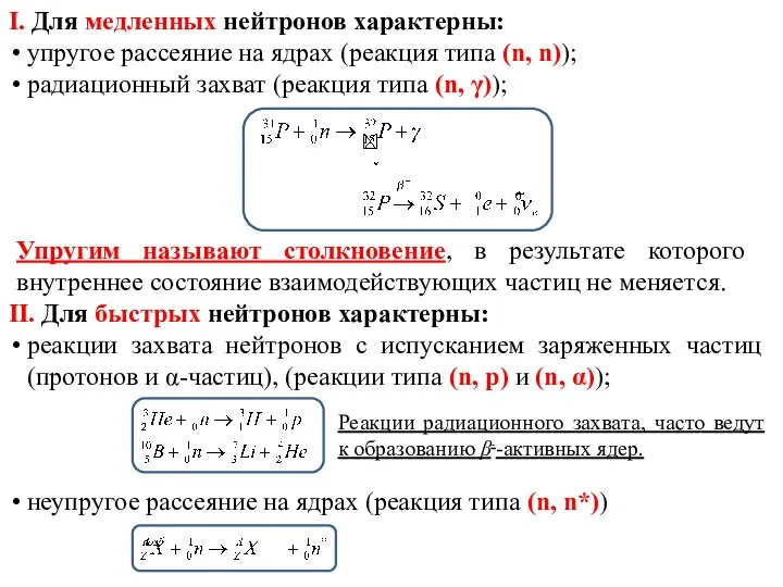 I. Для медленных нейтронов характерны: упругое рассеяние на ядрах (реакция типа