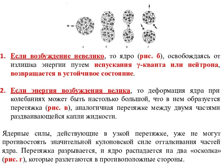 Если возбуждение невелико, то ядро (рис. б), освобождаясь от излишка энергии