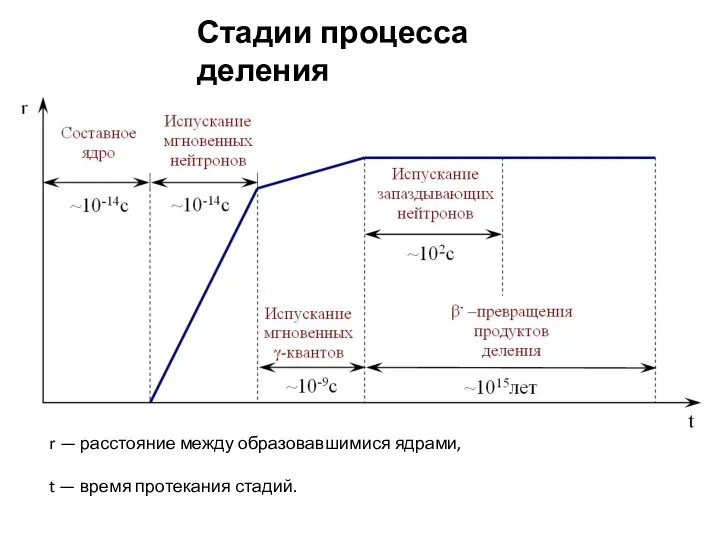 Стадии процесса деления r — расстояние между образовавшимися ядрами, t — время протекания стадий.