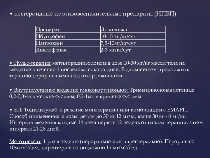 • нестероидные противовоспалительные препараты (НПВП) • Пульс-терапия метилпреднизолоном в дозе 10-30