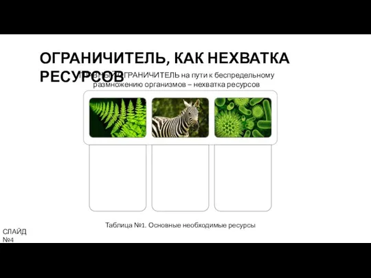 ОГРАНИЧИТЕЛЬ, КАК НЕХВАТКА РЕСУРСОВ Таблица №1. Основные необходимые ресурсы СЛАЙД №4