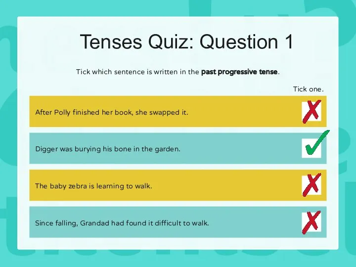 Tenses Quiz: Question 1 After Polly finished her book, she swapped