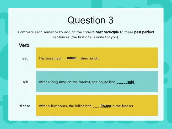 Question 3 Complete each sentence by adding the correct past participle