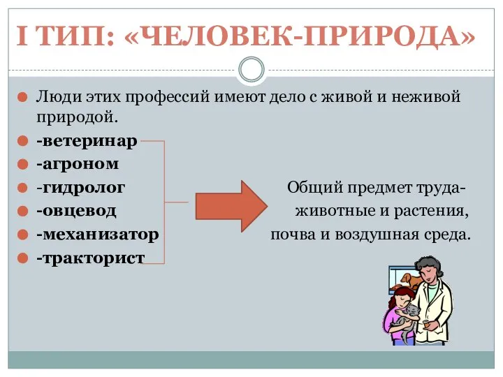 I ТИП: «ЧЕЛОВЕК-ПРИРОДА» Люди этих профессий имеют дело с живой и