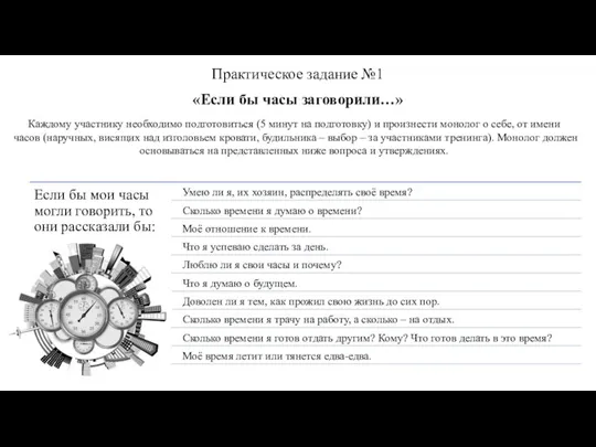 Практическое задание №1 «Если бы часы заговорили…» Каждому участнику необходимо подготовиться