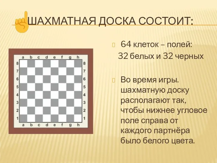 ШАХМАТНАЯ ДОСКА СОСТОИТ: 64 клеток – полей: 32 белых и 32