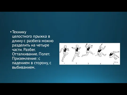 Технику целостного прыжка в длину с разбега можно разде­лить на четыре