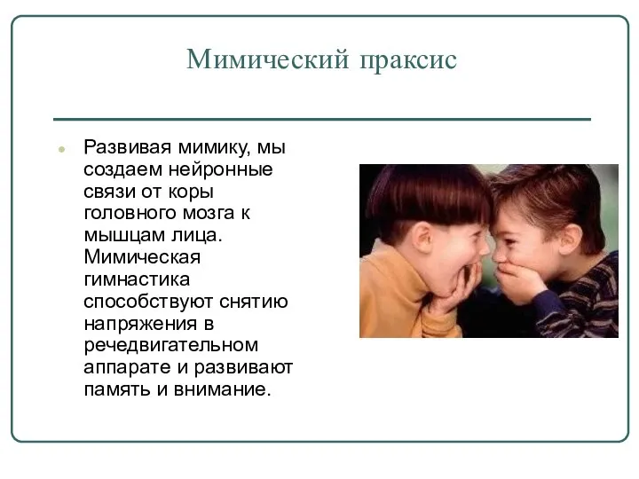 Мимический праксис Развивая мимику, мы создаем нейронные связи от коры головного