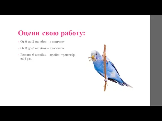 Оцени свою работу: От 0 до 2 ошибок – «отлично» От