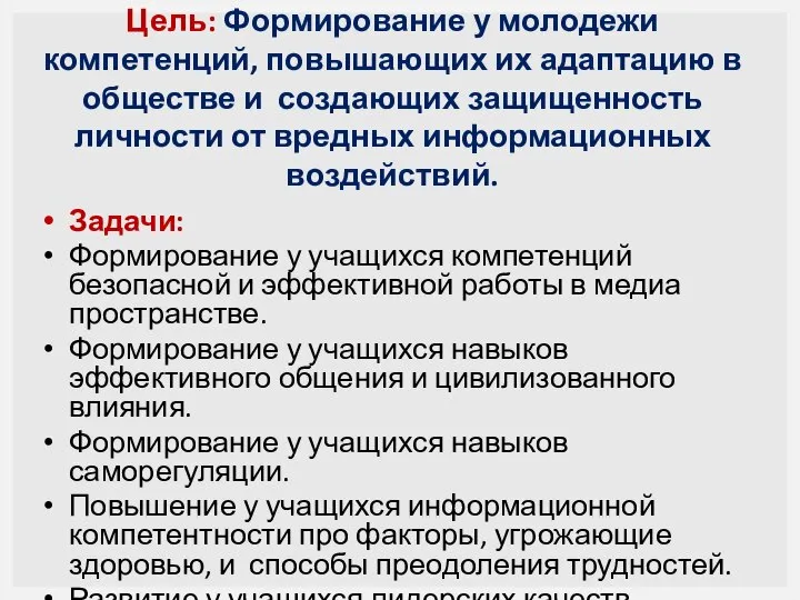 Цель: Формирование у молодежи компетенций, повышающих их адаптацию в обществе и