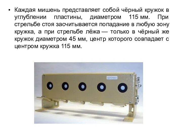 Каждая мишень представляет собой чёрный кружок в углублении пластины, диаметром 115