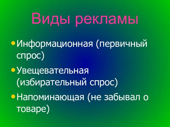 Виды рекламы Информационная (первичный спрос) Увещевательная (избирательный спрос) Напоминающая (не забывал о товаре)