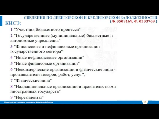 СВЕДЕНИЯ ПО ДЕБИТОРСКОЙ И КРЕДИТОРСКОЙ ЗАДОЛЖЕННОСТИ (Ф. 0503169, Ф. 0503769 ) КИСЭ: