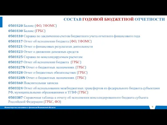 0503120 Баланс (ФО, ТФОМС) 0503130 Баланс (ГРБС) 0503110 Справка по заключению