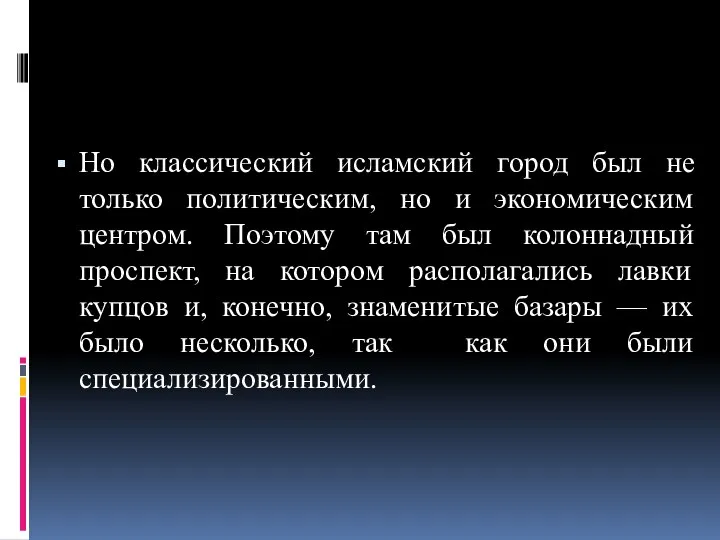 Но классический исламский город был не только политическим, но и экономическим