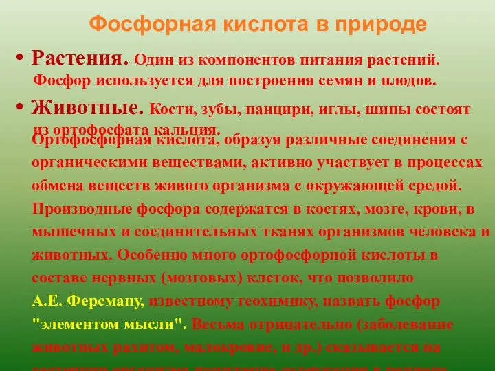 Фосфорная кислота в природе Растения. Один из компонентов питания растений. Фосфор