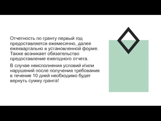 Отчетность по гранту первый год предоставляется ежемесячно, далее ежеквартально в установленной