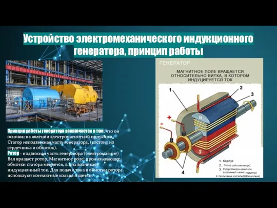 Устройство электромеханического индукционного генератора, принцип работы Принцип работы генератора заключается в