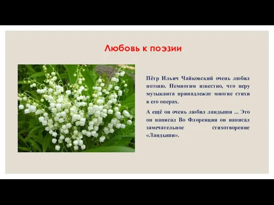 Любовь к поэзии Пётр Ильич Чайковский очень любил поэзию. Немногим известно,