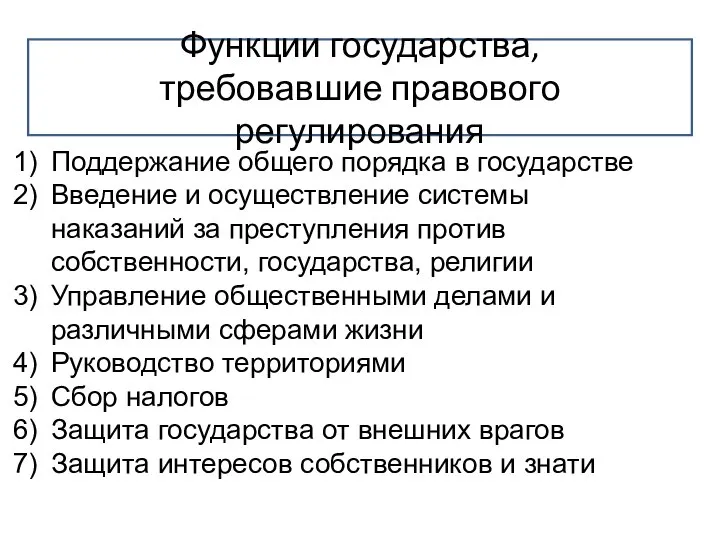 Функции государства, требовавшие правового регулирования Поддержание общего порядка в государстве Введение