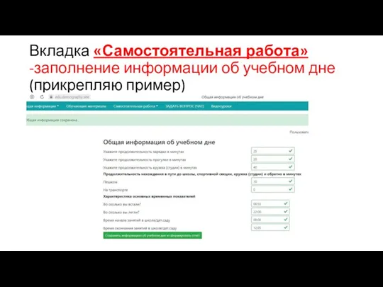 Вкладка «Самостоятельная работа» -заполнение информации об учебном дне(прикрепляю пример)